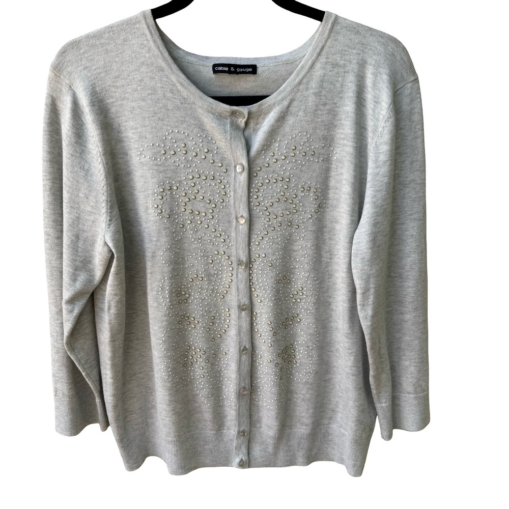 Cable & Gauge Preppy Minimalist Embellished Studded Knit Cardigan Sweater Grey L